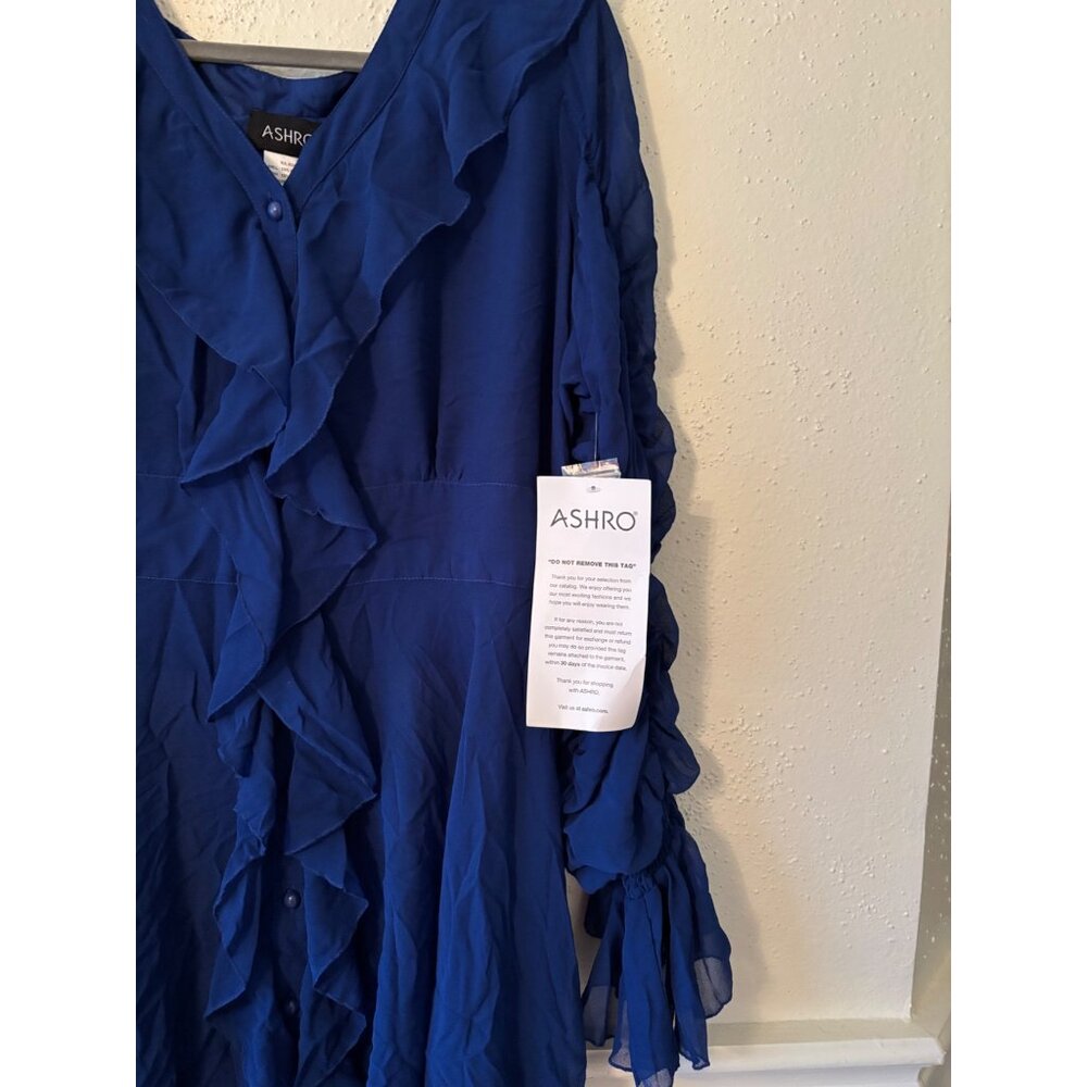 Ashro Womens Cobalt Blue Ruffled Long Sleeve Sheer Layered Dress - Picture 7 of 8